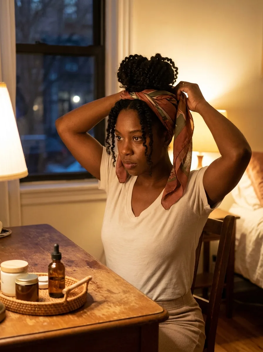 Woman at a wooden vanity tying a printed rust silk scarf around her island twists gathered in a high pineapple, with an amber oil bottle on a woven tray.