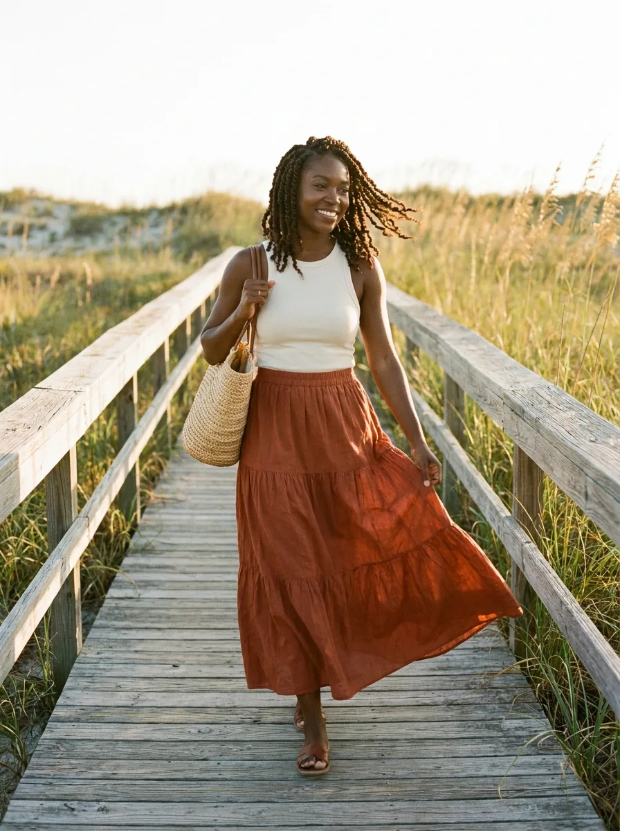 Woman with shoulder-length island twists walking along a dune boardwalk in a rust tiered maxi skirt and cream tank, carrying a straw tote.