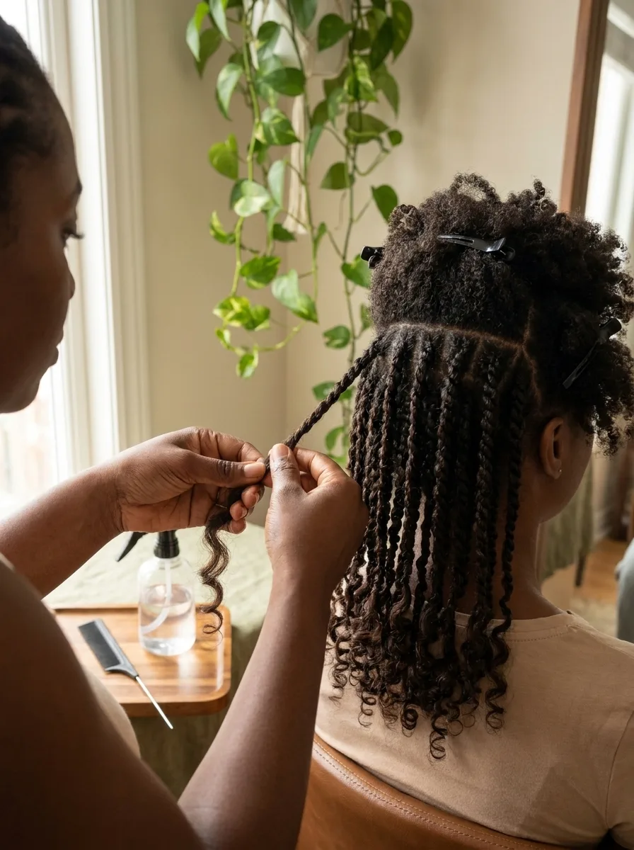 Stylist two-strand twisting dark curly extension hair into a client's coily natural hair, with the lower back section already finished in island twists and a spray bottle and rat-tail comb on a tray beside them.