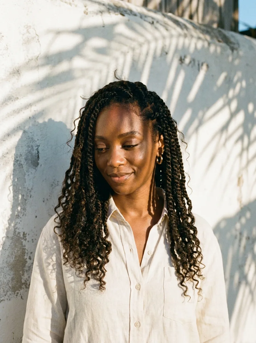 Woman with long boho island twists and curly ends standing against a whitewashed wall striped with palm shadows, wearing a cream linen shirt and small gold hoops.