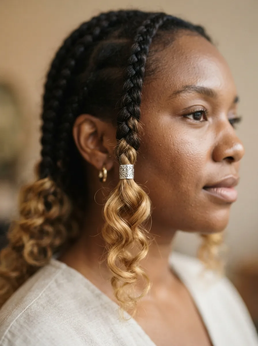 Macro side-profile of a medium knotless braid with a brass cylinder cuff, curly caramel-blonde ends spiraling below it.