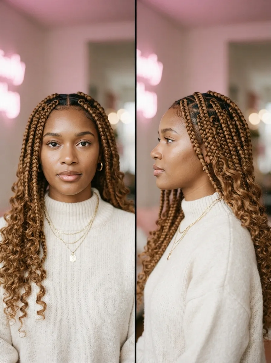 Front and side view of finished medium boho knotless braids styled with a center part and curly caramel ends.