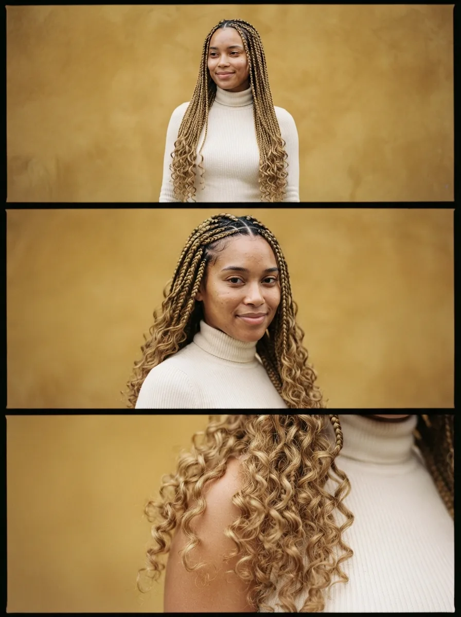 Woman showcasing shoulder-length medium boho knotless braids with soft curl definition at the ends.
