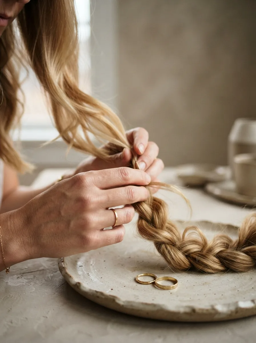 Detail of brass rings threaded onto a medium-width knotless braid resting against dark natural hair.