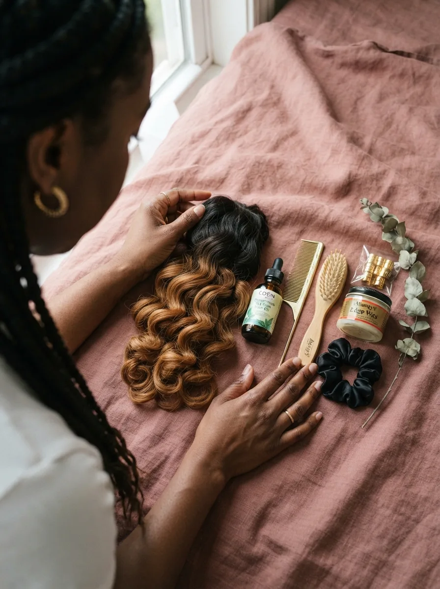 Overhead flat-lay of medium knotless braid care essentials including scalp oil, edge control, and a silk scrunchie.