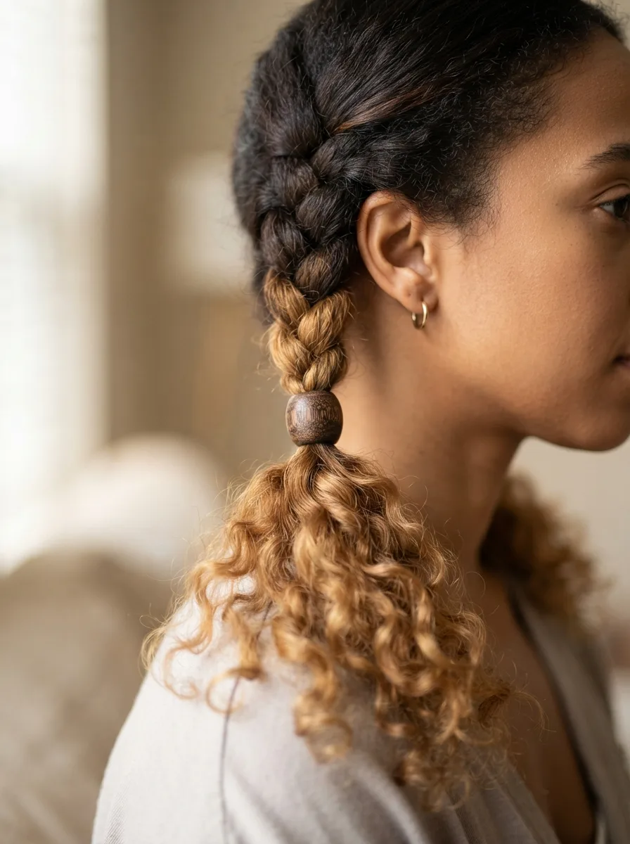 Close-up of a medium knotless braid where the smooth feed-in section meets loosely spiraled curly ends.