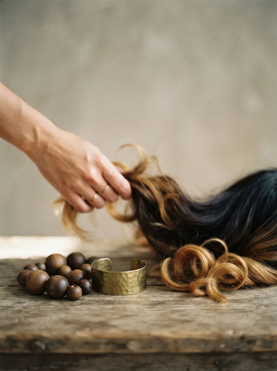 Hands arranging a curly medium-width braid extension beside a wooden bead and brass cuff before installation.