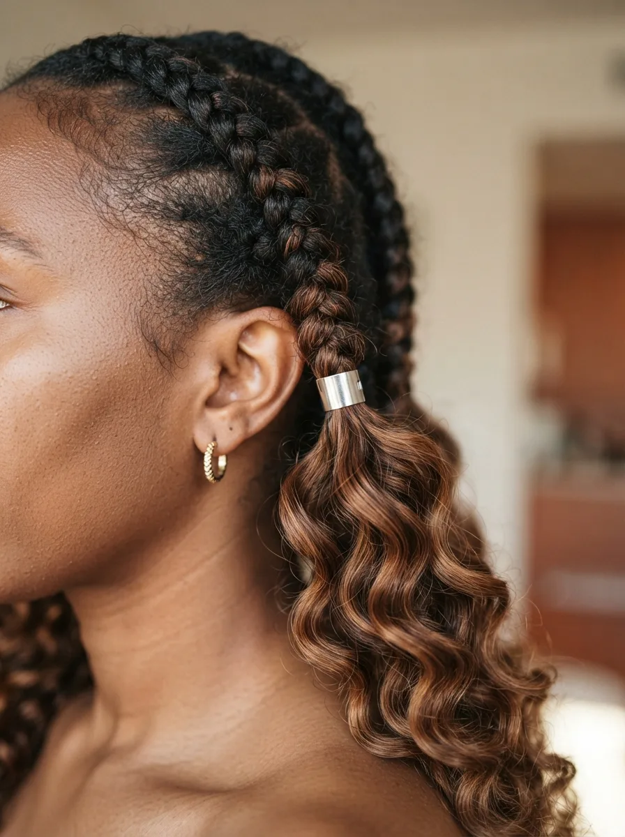 Close-up of medium knotless braids with defined curly ends, some strands left loose and unbraided at the temple.