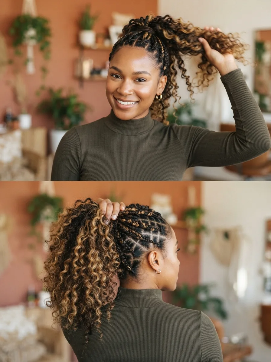 Woman showcasing a high braided ponytail made from medium boho knotless braids gathered at the crown.