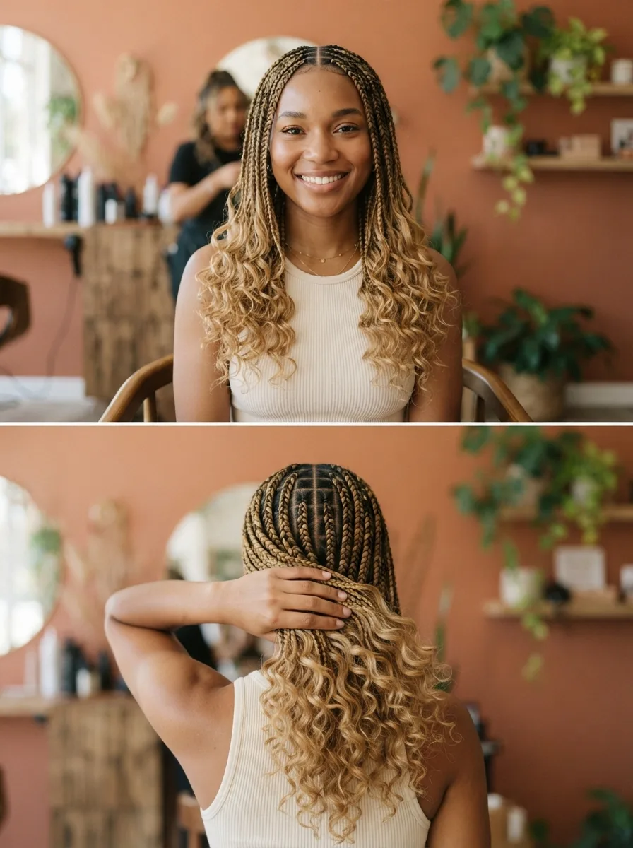 Woman adjusting golden-blonde medium boho knotless braids over one shoulder.