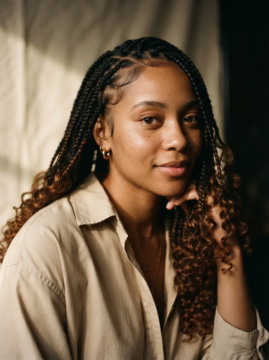 Full-length lifestyle look pairing medium boho knotless braids with a button-down shirt and gold layered jewelry.