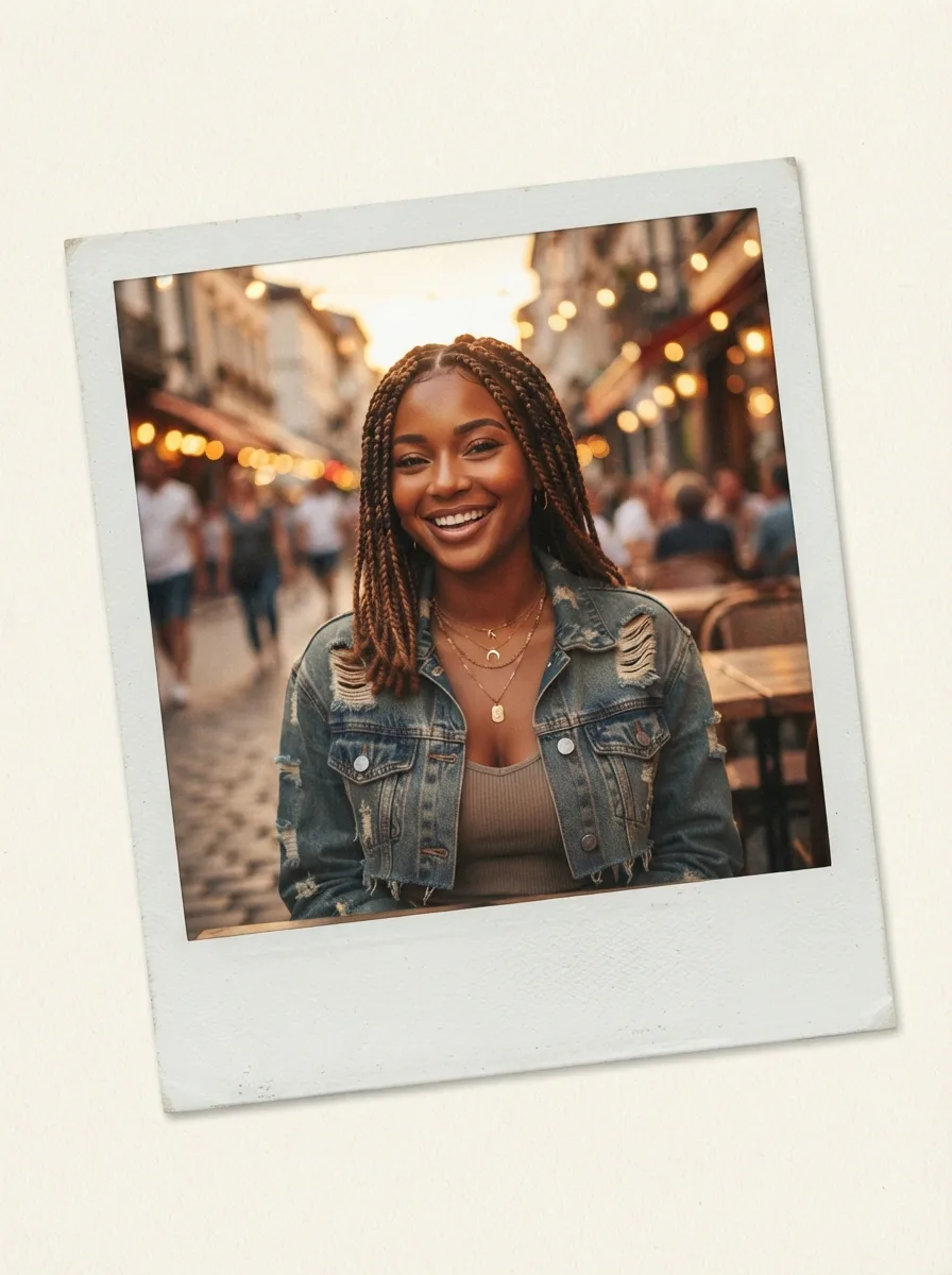 Woman with medium-width boho knotless braids and layered gold necklaces, smiling on a lantern-lit evening street.