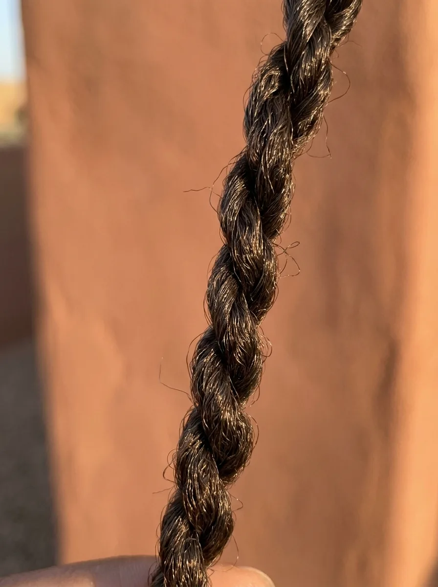 Macro of one dark brown passion twist held against a blurred terracotta wall, showing its rope-like two-strand wind and fine flyaway fibers.