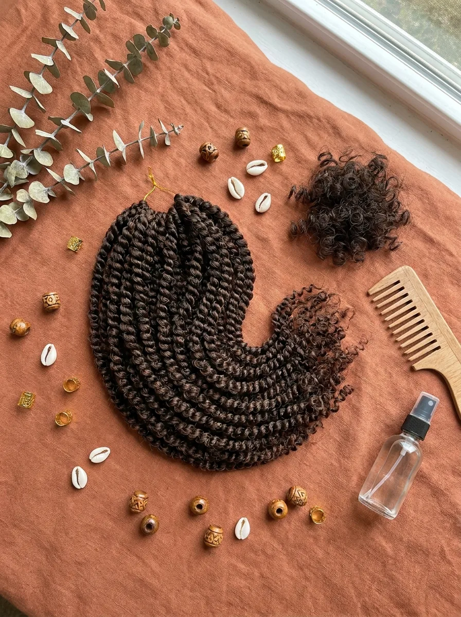Flat-lay of a pack of pre-twisted crochet passion twists with curly ends, a pile of loose curly hair, wood beads, cowrie shells, gold cuffs, a wooden comb and a spray bottle on terracotta linen.