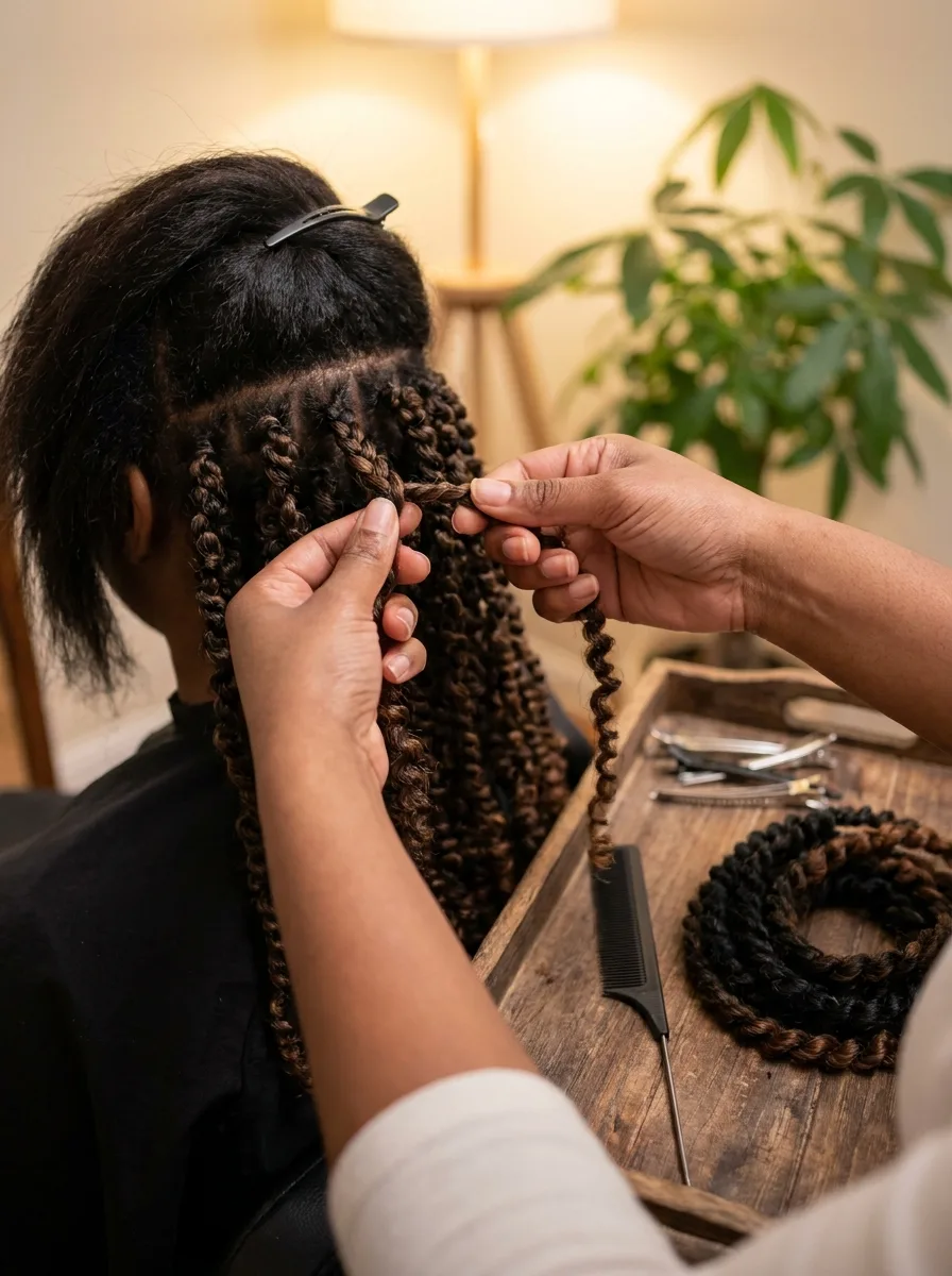 Stylist's hands twisting brown-and-copper passion twist hair onto a client's natural hair, with finished rows below and a tray holding clips, a rat-tail comb and a coil of extension hair.