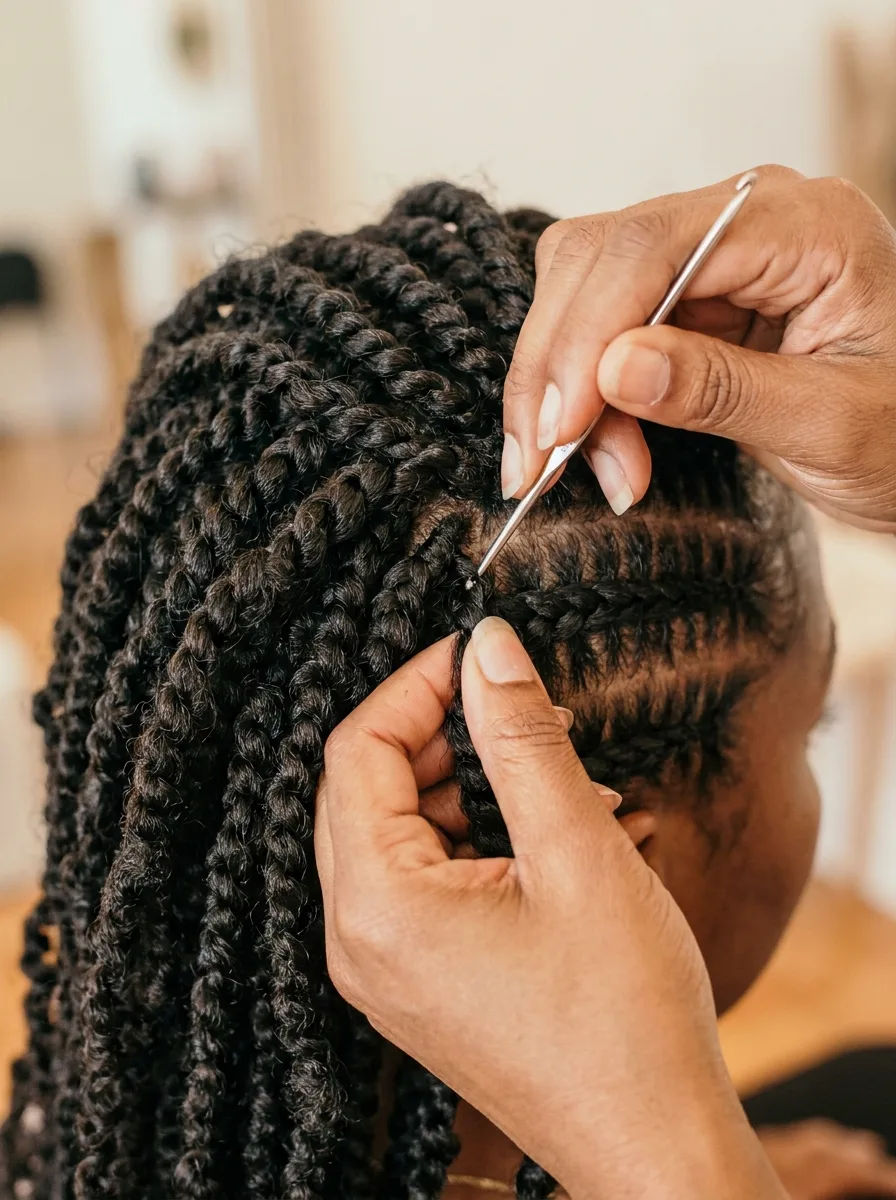 Hands using a latch-hook needle to loop a pre-twisted crochet passion twist onto a cornrow base.