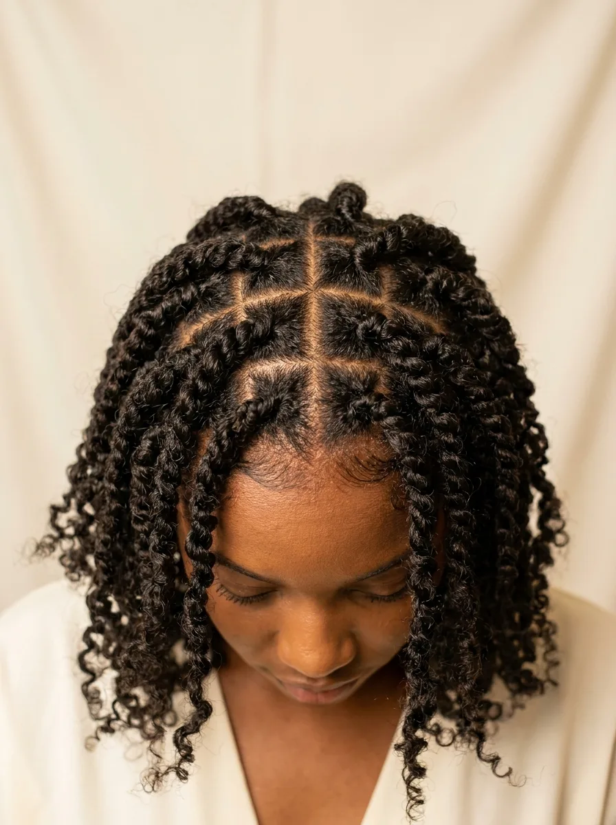 Overhead view of a bowed head showing a grid of square parts at the roots of shoulder-length passion twists with curly ends spilling forward.