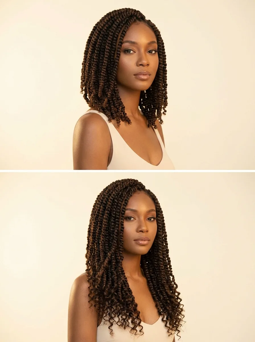 Two-panel comparison of the same woman with shoulder-length passion twists on top and longer chest-length passion twists with curly ends below, against a cream backdrop.