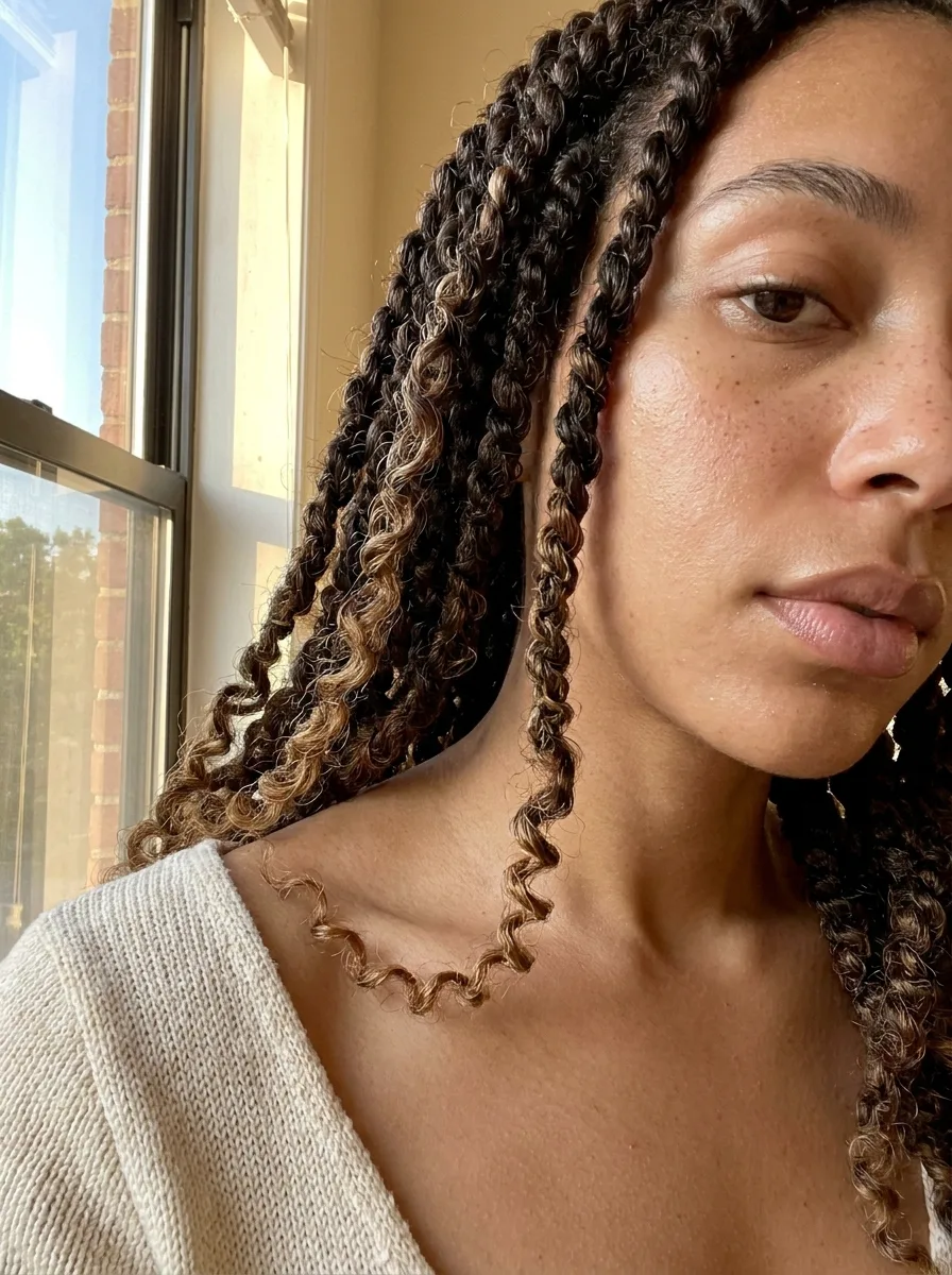 Close-up of passion twists with honey-brown highlights and loose curly strands between them, one curl resting on the collarbone above a cream knit top.