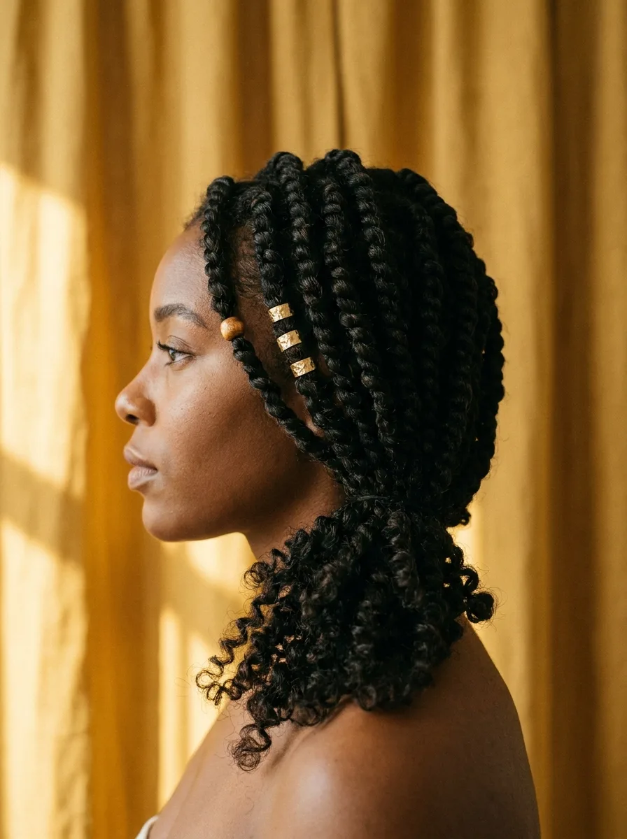 Side profile of passion twists gathered low at the nape, with three hammered gold cuffs and a wood bead near the temple, against a mustard curtain.