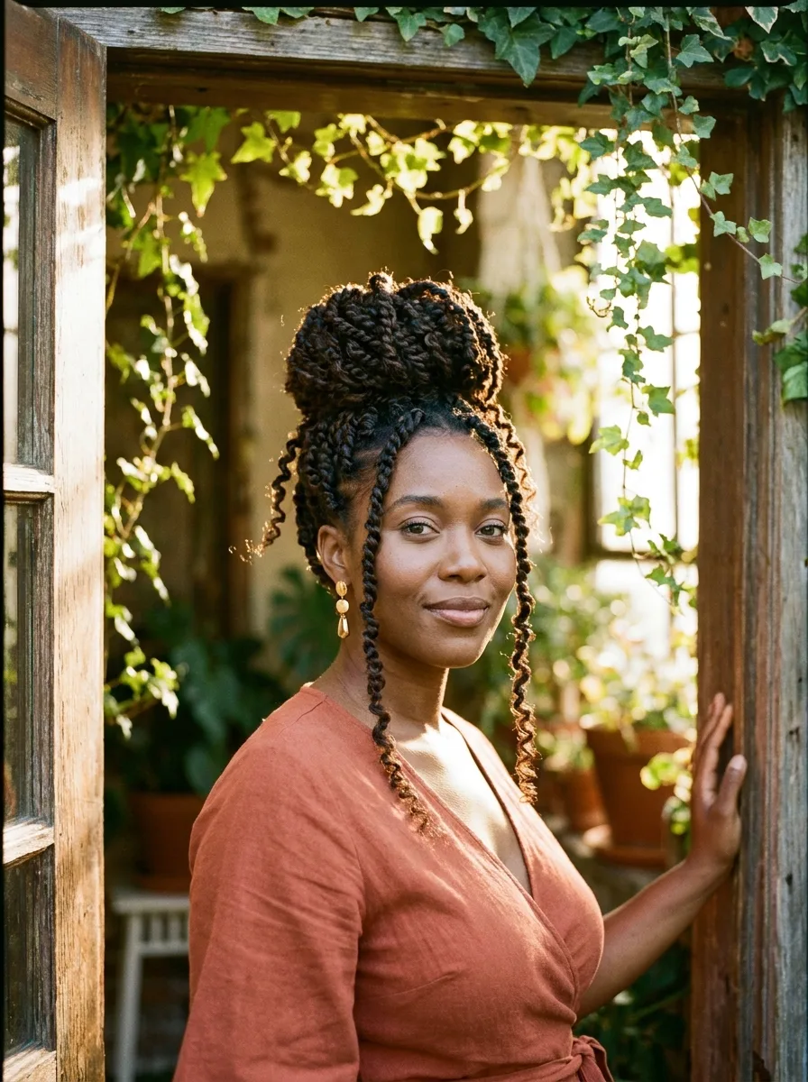 Woman with passion twists gathered in a high bun, curly face-framing twists left out, wearing a terracotta wrap top and gold drop earrings in an ivy-covered doorway.