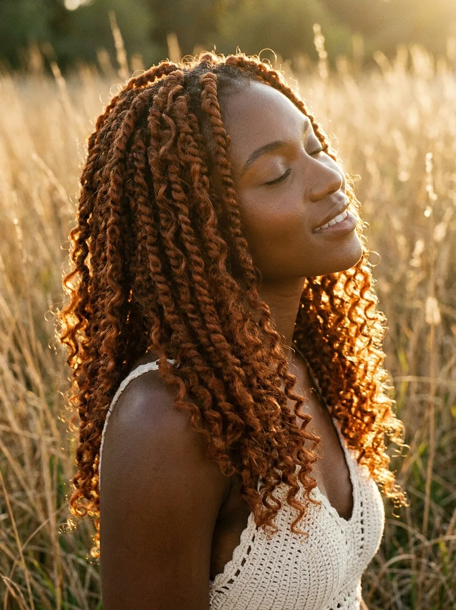 Woman with copper-auburn passion twists and loose curls, backlit in a dry grass field at golden hour, wearing a cream crochet top.