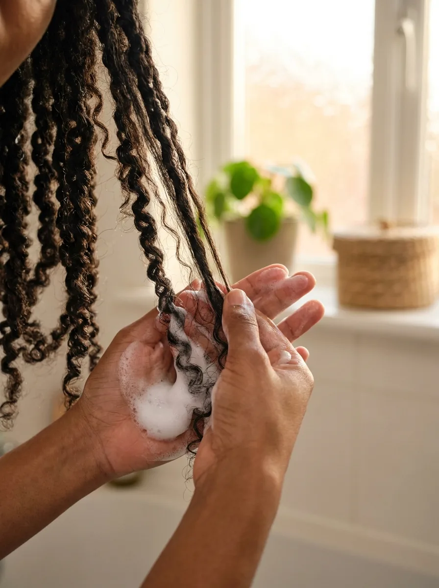 Hands working white foam through the curly ends of several passion twists beside a bright bathroom window.