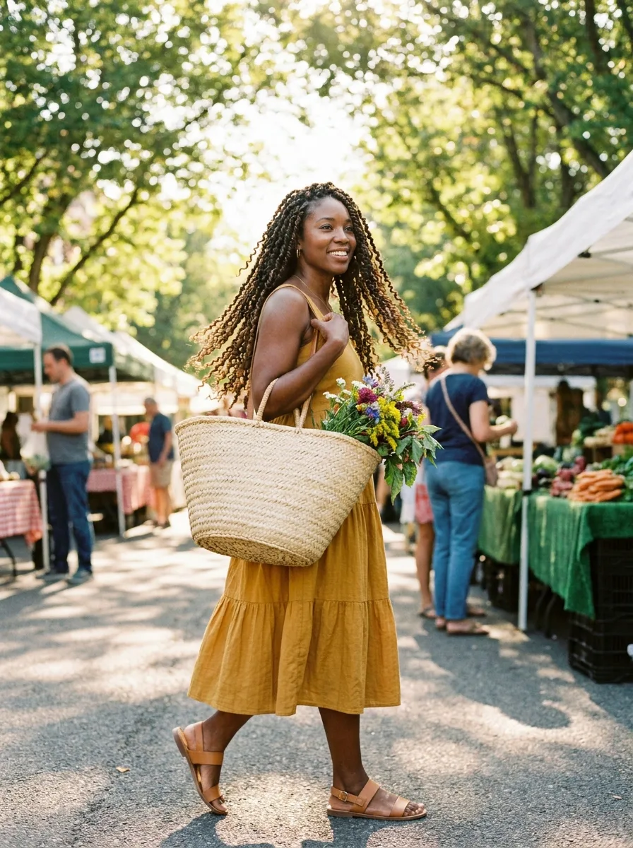 Woman with long passion twists walking through a farmers market in a mustard tiered midi dress and tan sandals, carrying a woven basket of wildflowers.