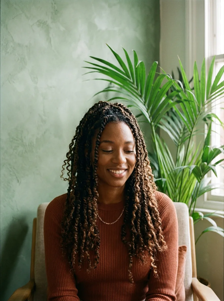 Smiling woman with long boho passion twists in a dark-root-to-caramel blend with curly strands throughout, seated in front of a sage plaster wall and a potted palm.