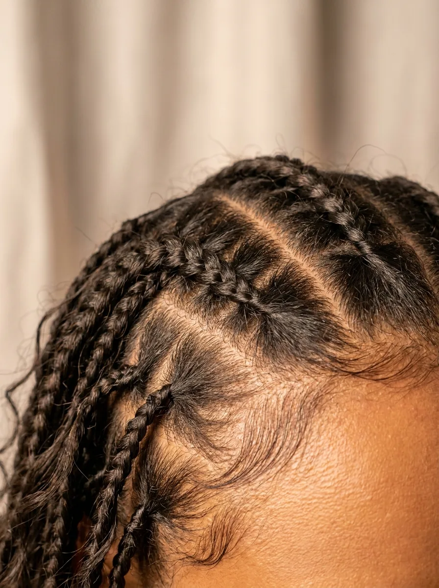 Macro close-up of small knotless braid roots starting flat at the scalp with no knot at the base, with clean part lines and soft edges.