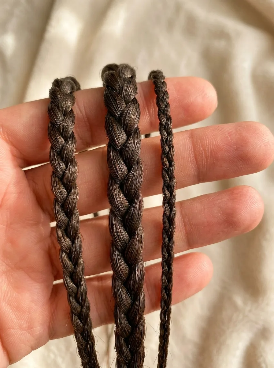 Hand holding three single braids side by side: a small braid, a thicker medium braid and a thin extra-small braid.