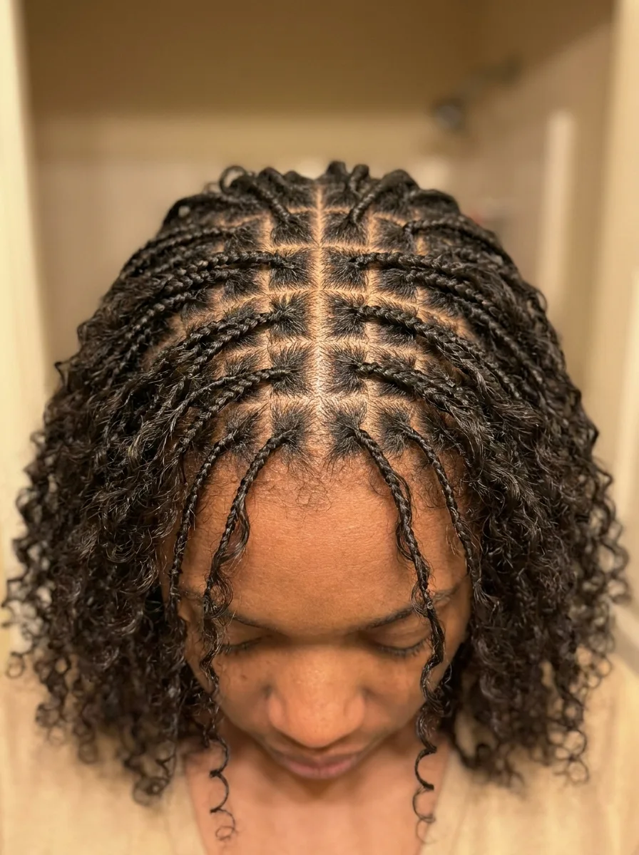 Overhead view of a bowed head showing a grid of small square parts, with knotless braids and curly strands falling forward.