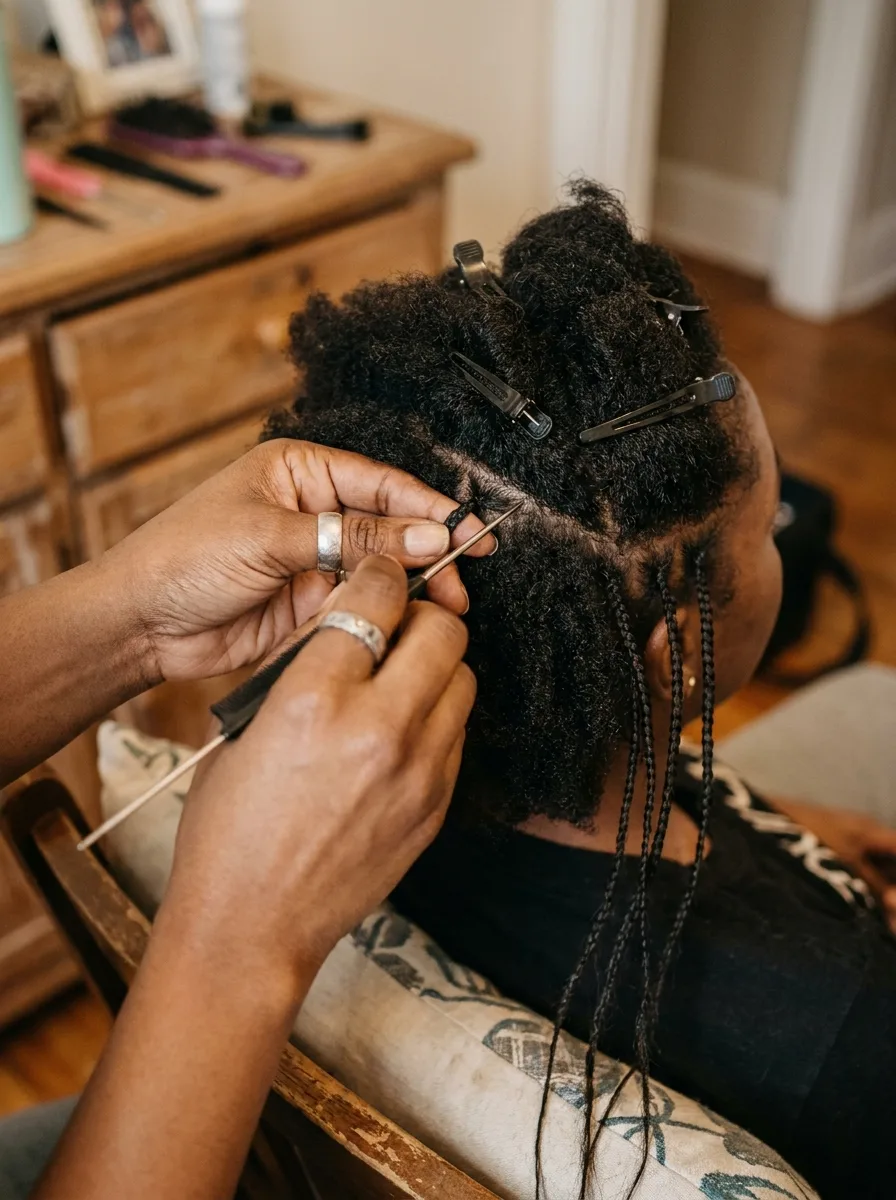 Stylist's hands sectioning a small part with a rat-tail comb while clips hold back the rest of the natural hair, a few finished braids hanging alongside.