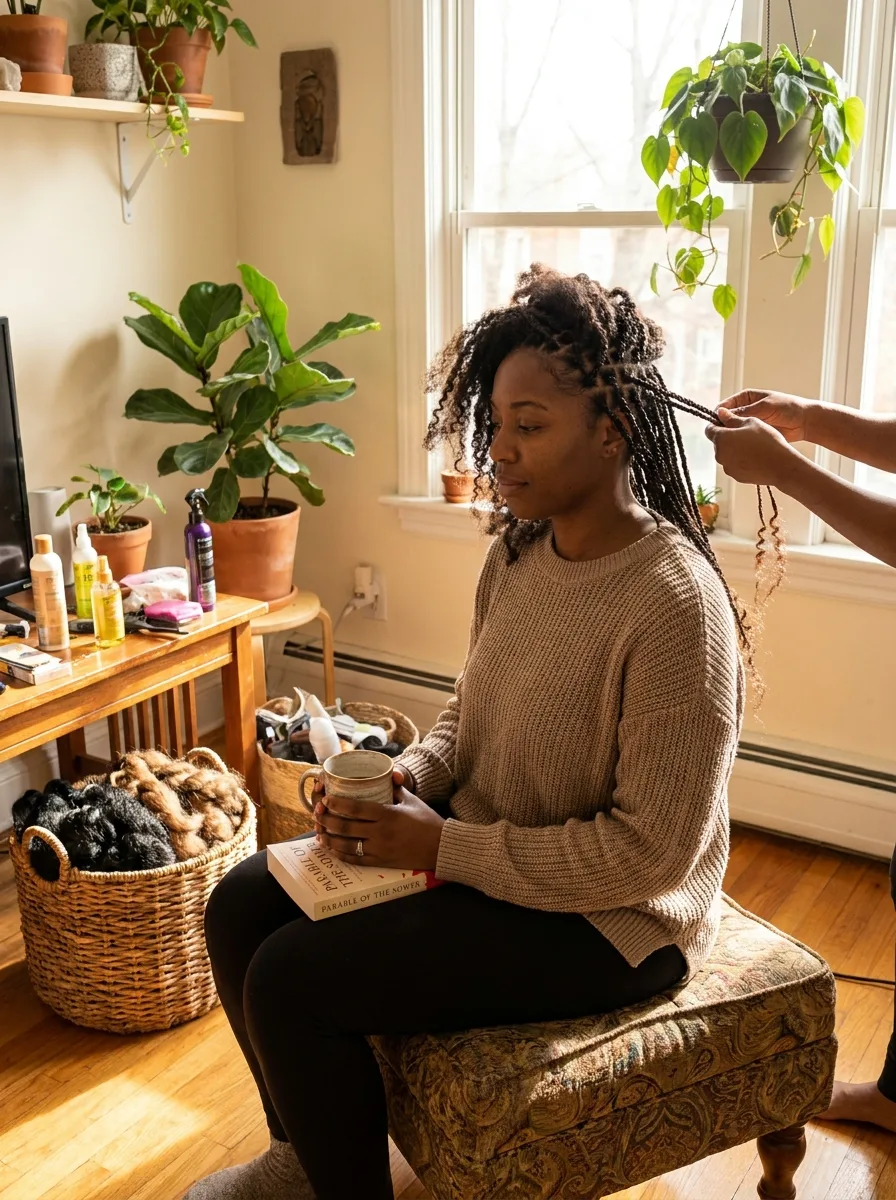 Woman on a cushioned stool holding a mug and a book mid-install while a stylist braids small knotless braids, with plants and a basket of braiding hair nearby.