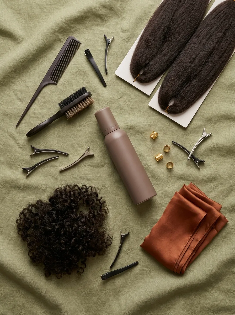 Flat-lay of a rat-tail comb, a bristle brush, sectioning clips, two packs of dark brown braiding hair, curly hair, a mousse bottle, gold hair cuffs and a rust satin scarf on sage linen.