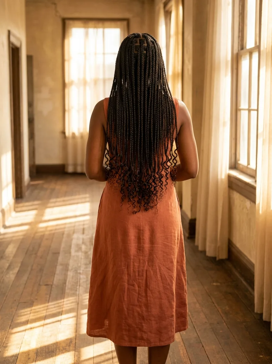 Back view of long small knotless braids hanging in a dense curtain with curly ends, worn with a terracotta linen midi dress in a sunlit hallway.
