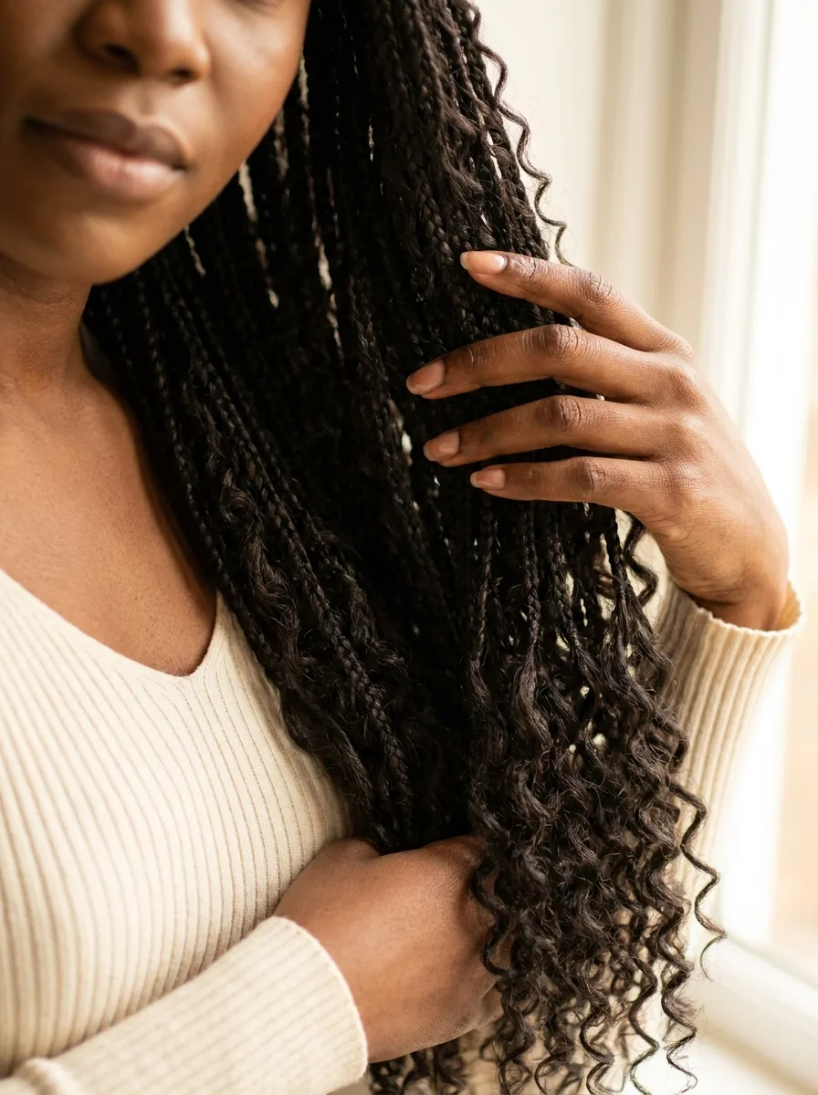 Hand running through a thick curtain of small knotless braids with curly ends at the shoulder, showing the density of the full set.
