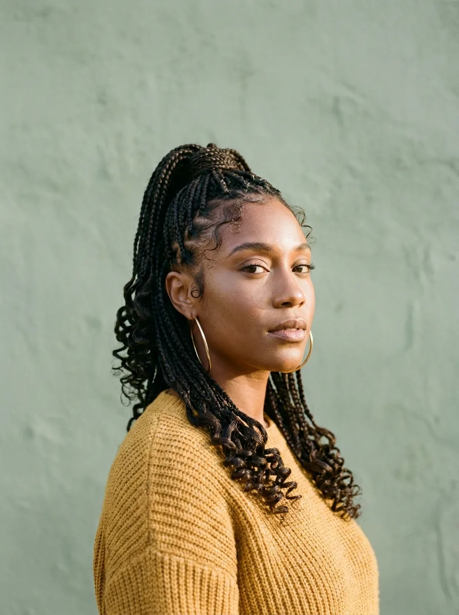 Woman with small boho knotless braids pulled into a high ponytail, curly ends over her shoulder and curly strands at the temple, wearing gold hoops and a mustard knit against a sage wall.