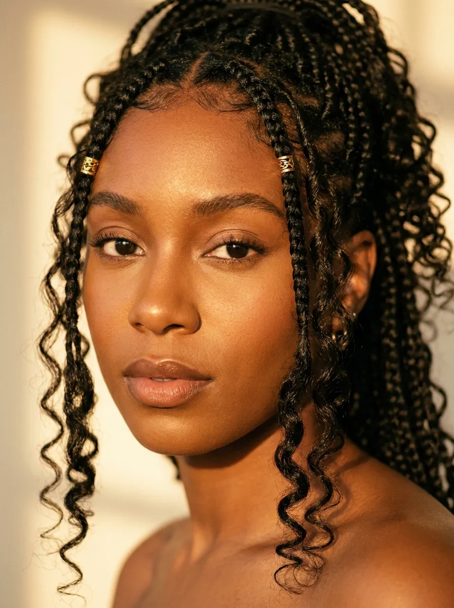 Close-up of small boho knotless braids with loose curls framing the face and two gold cuffs on the front braids.