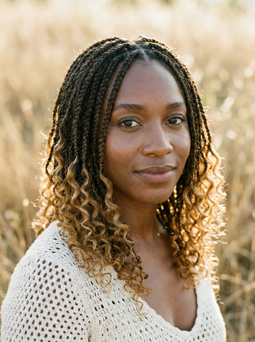 Small boho knotless braids in dark brown fading into honey-blonde curly ends, worn with a cream crochet top in a golden dry-grass field.