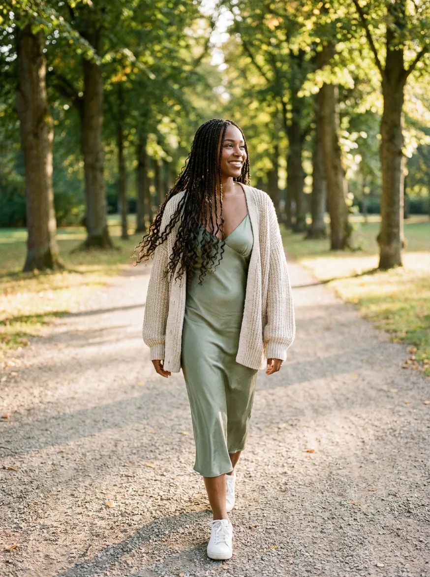Woman with long small boho knotless braids walking along a park path in a sage slip dress and oatmeal cardigan.
