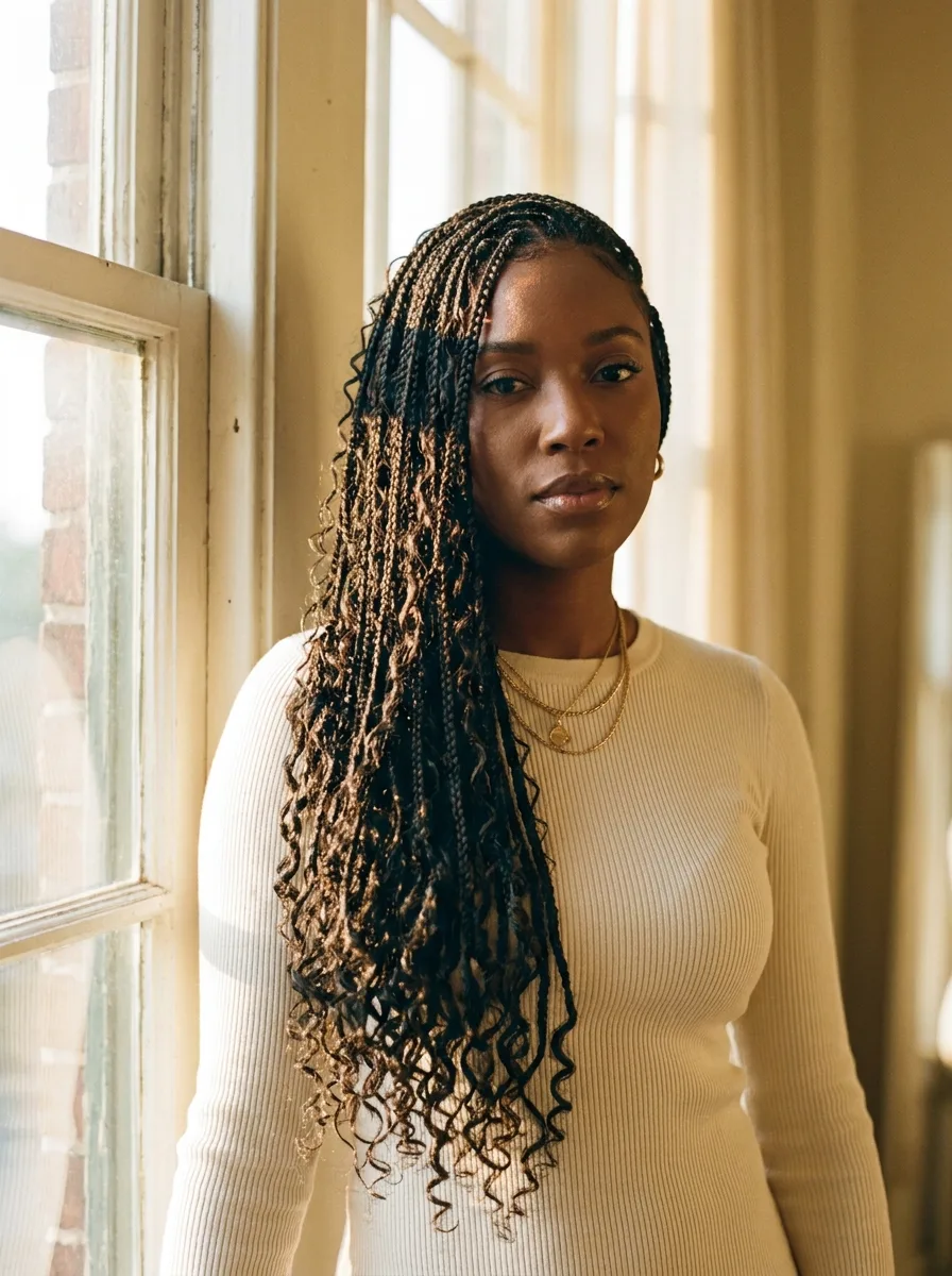 Woman with long small boho knotless braids and honey-brown curly strands draped over one shoulder, standing by a tall window in a cream ribbed top and layered gold necklaces.
