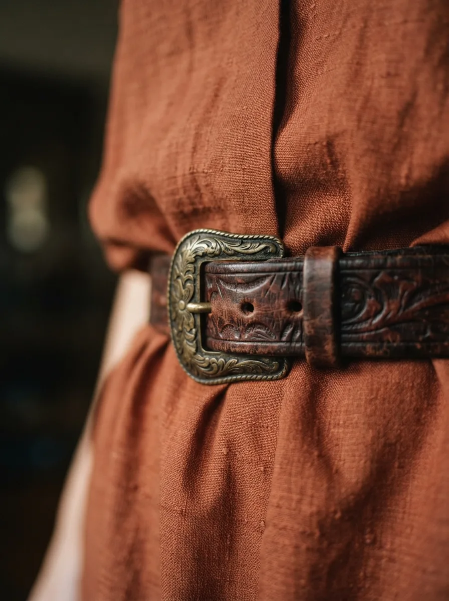 Macro close-up of an ornate brass belt buckle cinching a rust linen dress at the waist