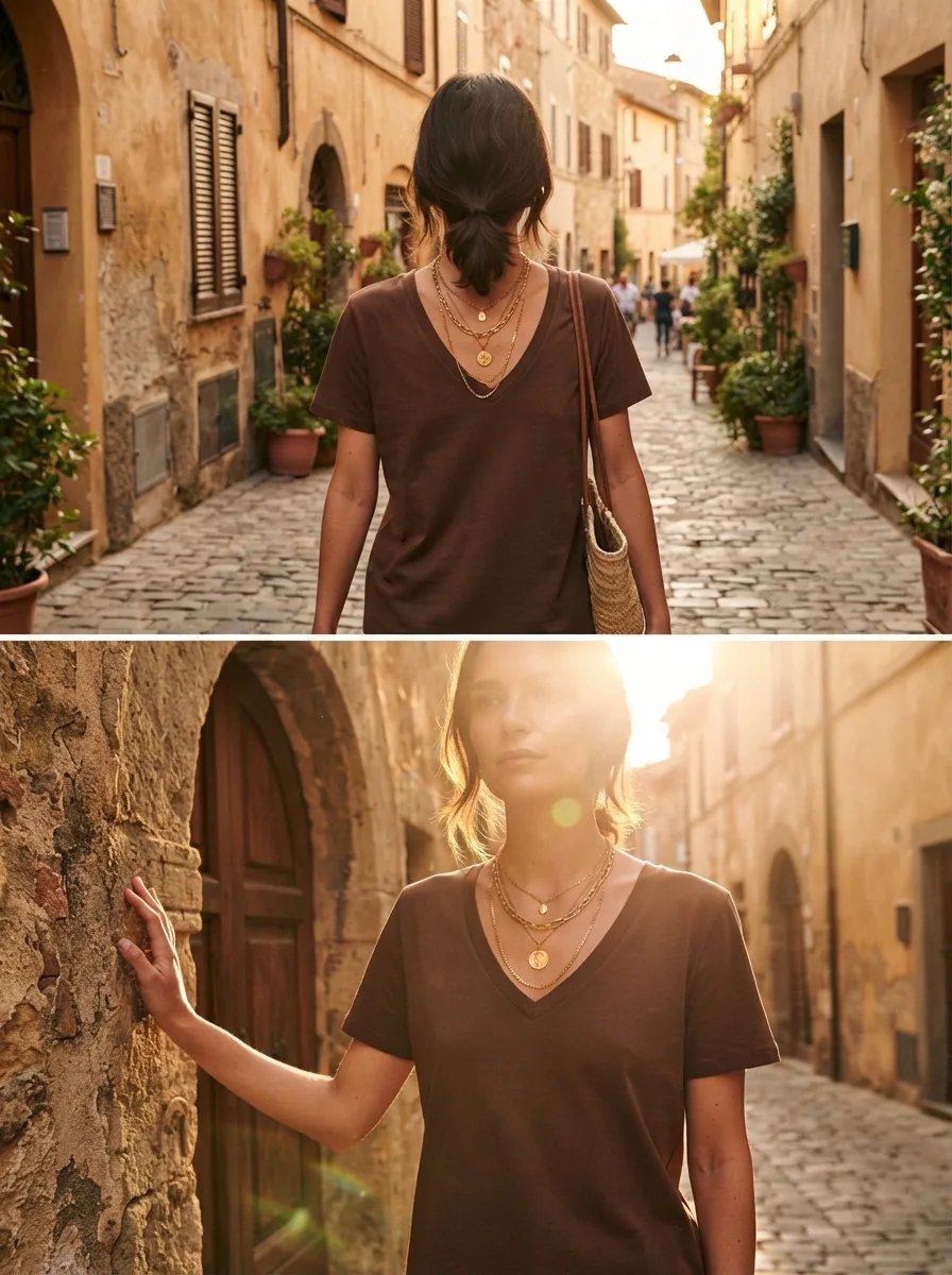 Close-up back view of a woman wearing a brown v-neck top and layered gold necklaces with a coin pendant, walking down a sunlit alley