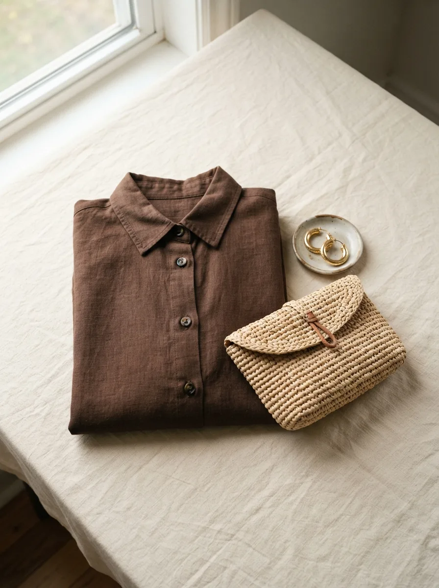 Flat-lay of a folded chocolate brown linen shirtdress next to a woven raffia clutch and gold hoop earrings