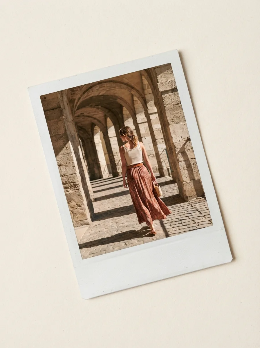 Overhead polaroid-style photo of a woman in a rust paisley silk maxi skirt and cream cami walking through a stone colonnade