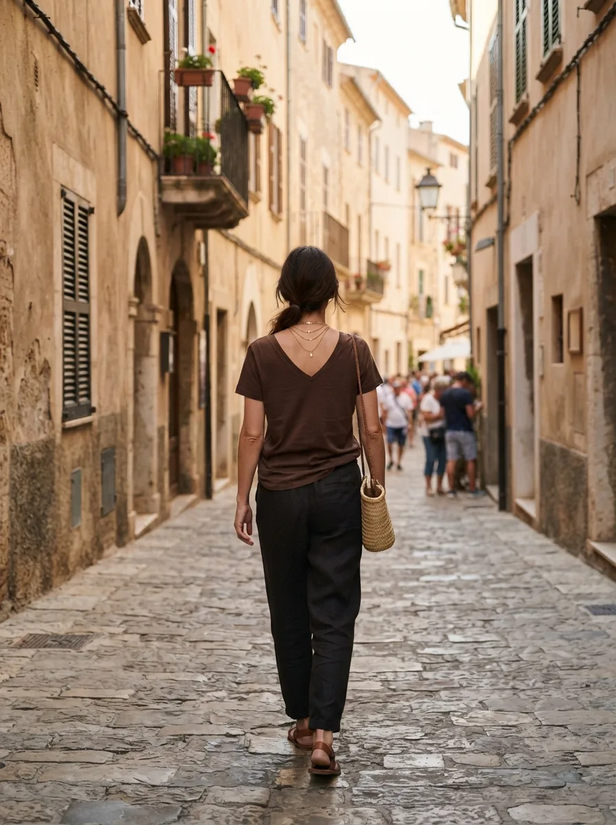 Back view of a woman in a brown v-neck tee and black tapered trousers carrying a woven straw bag down a cobblestone street