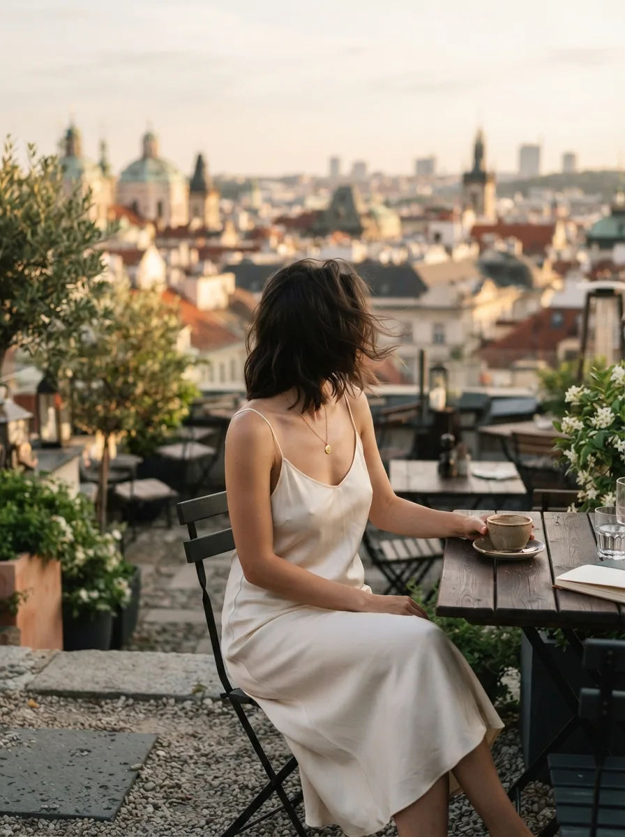Woman seated at a rooftop café table in a cream silk slip dress, hair loose in the breeze, city skyline behind her