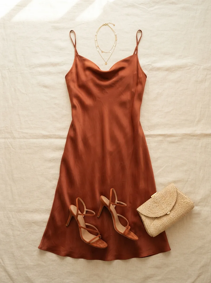 Flat-lay of a rust silk slip dress with a cowl neckline, a layered gold necklace, strappy heeled sandals, and a small woven clutch
