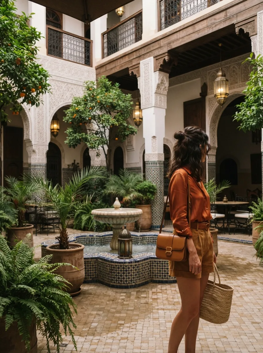 Woman standing in a Moroccan riad courtyard wearing a rust silk blouse, camel linen shorts, and carrying a woven tote and structured crossbody bag